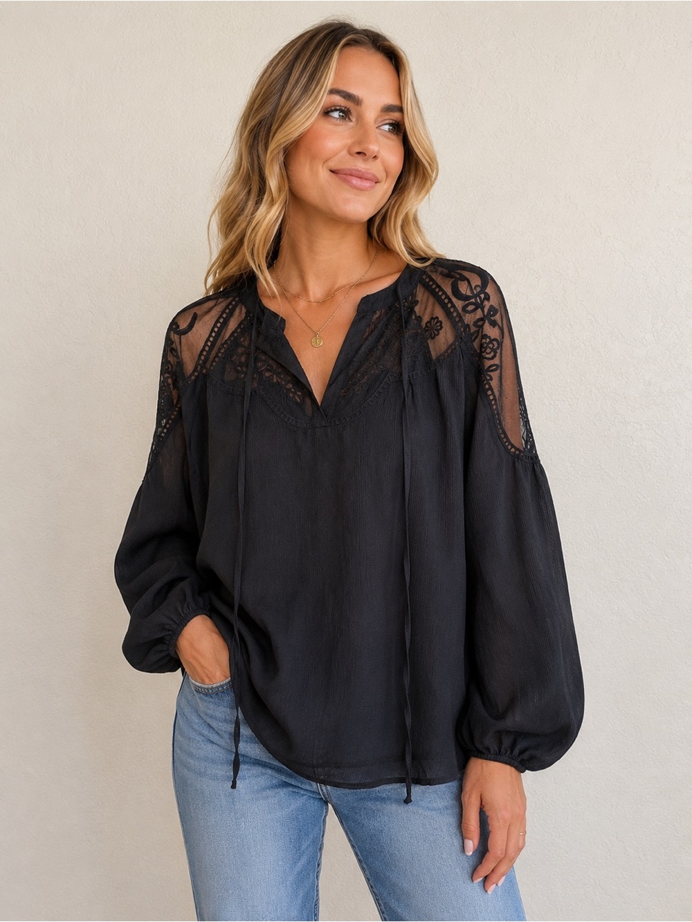 Boutique Black Sheer Lace Boho Peasant Blouse One Size Fits Most Long Sleeve